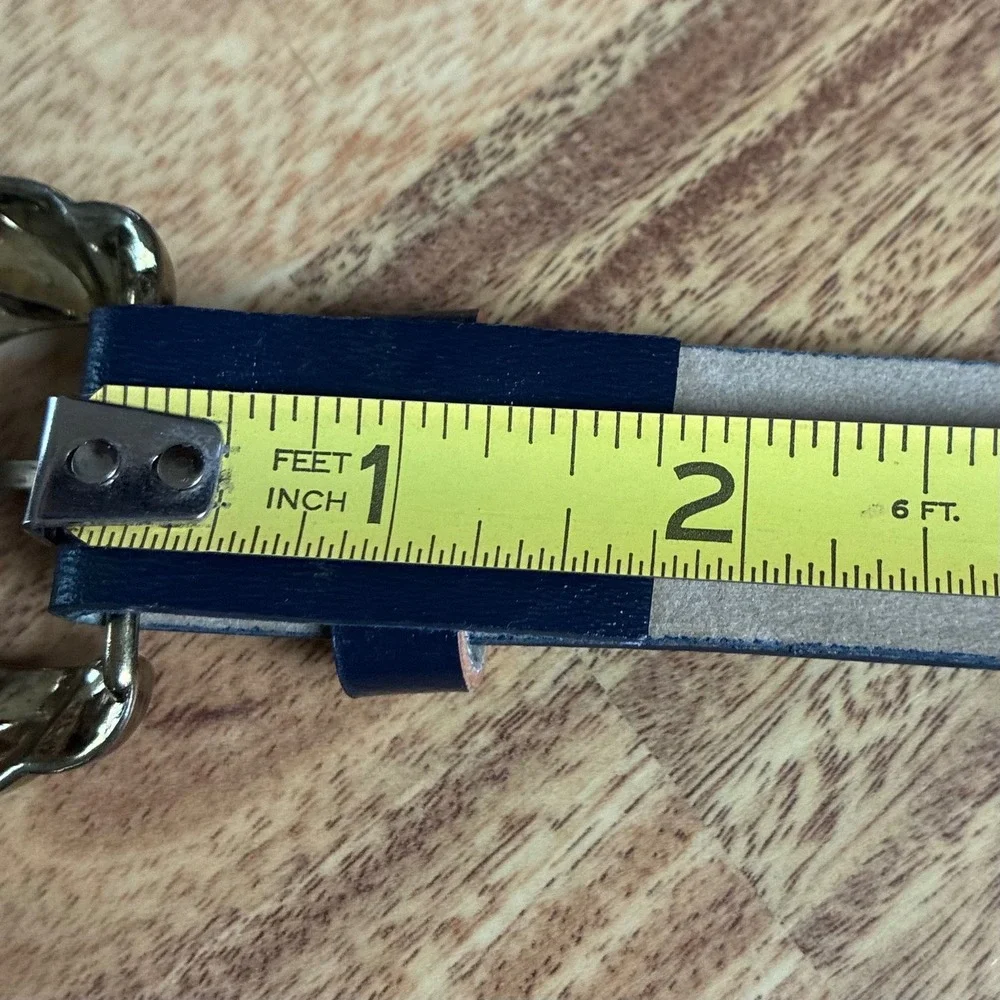 Vintage Navy Blue Leather Belt Gold Scalloped Buckle Medium Large Nautical